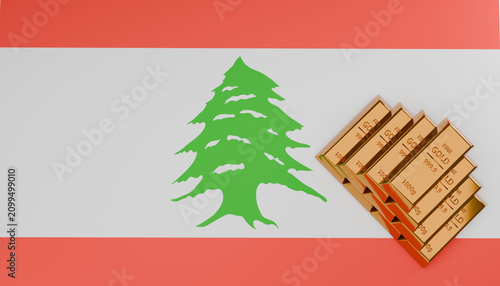 Принти на полотні Lebanon Flag with Gold Bars: Stacked gold bars are placed diagonally on the Lebanese flag, representing the country's wealth and resources