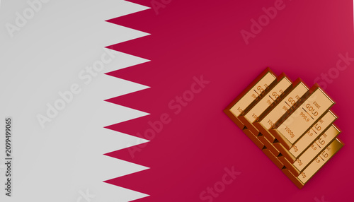 Canvas Print Qatar Flag with Gold Bars: A stack of gleaming gold bars rests on the rich crimson background of the Qatar flag, symbolizing wealth and prosperity