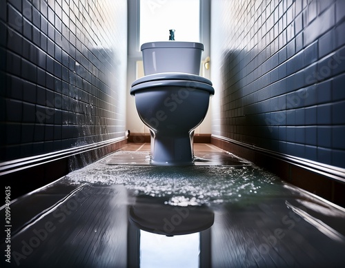 water leaking from toilet flooding bathroom floor with puddle