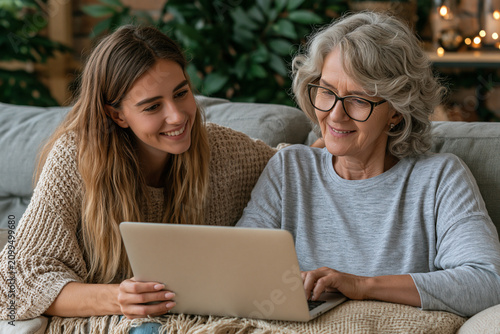 Two people use a laptop together while sitting on a couch indoors