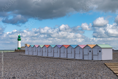 Canvastavla Views of ocean beach and colourful beach huts or cabins in Le Treport, seaside r