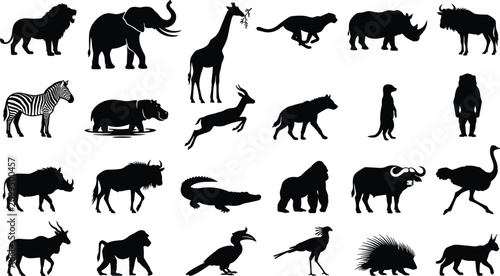 Tableau sur toile African safari wildlife silhouette compilation presenting savanna animals exotic