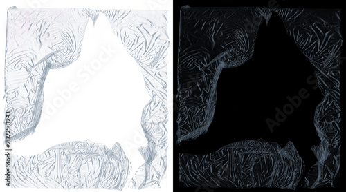 Tableau sur toile Crumpled plastic wrap texture frame, transparent cling film border on white and