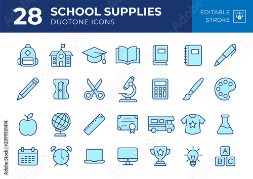 Collection of 28 modern school supplies duotone icons. Editable vector icon set for education, websites, mobile apps, presentations, branding, UI design, and digital products