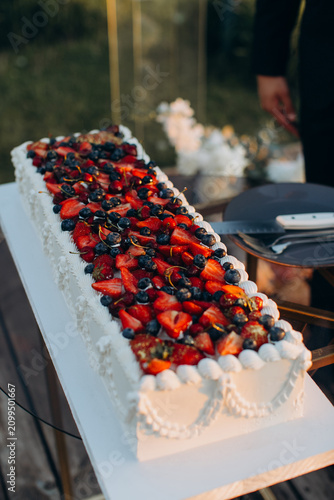 Long celebration cake with fresh mixed berries