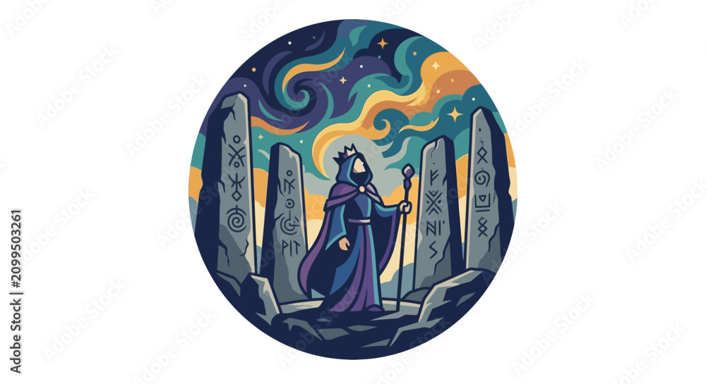 Fototapeta premium Wizard standing among ancient runic stones under a starry night sky