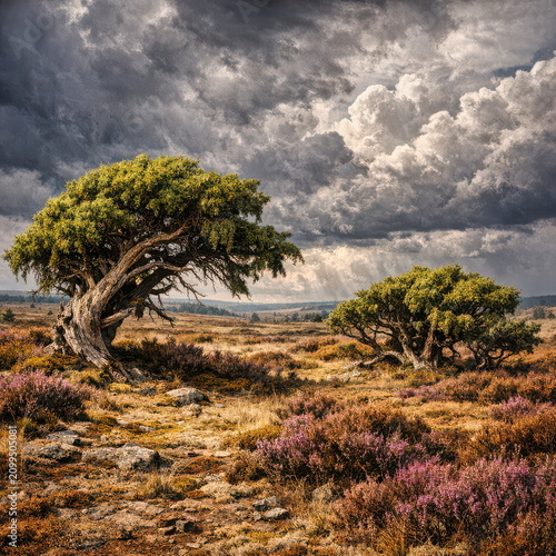 Wind‑Shaped Trees Under Stormy German Sky