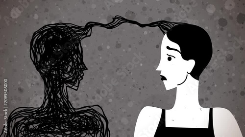 woman with a subconscious double emerging from tangled thoughts