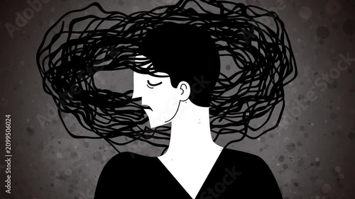 person with a tangled mass of thoughts surrounding the head