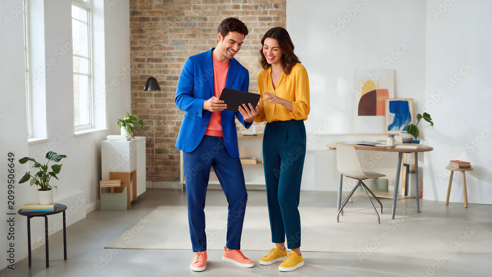 Fototapeta premium Collaborative creative professionals reviewing digital content together in a modern workspace environment with vibrant fashion, technology focus, and contemporary interior design elements