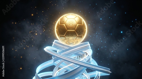 Golden football trophy with Argentinian ribbons and sparkling particles