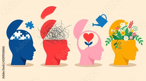 Psychology. Colorful mental health illustration with head profiles showing autism puzzle, tangled thoughts, emotional care and positive growth.