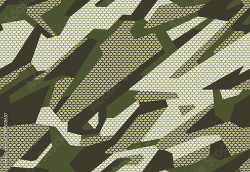 Full Seamless woodland geometric camouflage background. Olive and khaki shards create a military army pattern over honeycomb mesh, rugged vector fabric texture and uniform print.