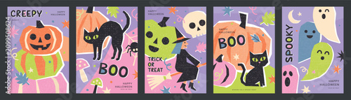 Set of Halloween cards in a modern flat style with grainy texture. Vector illustration featuring cute pumpkins, black cats and ghosts. Perfect for advertising and greeting cards.