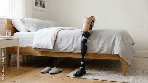 Prosthetic leg standing by bed. Amputee medical equipment in bedroom