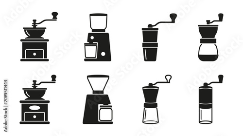 Collection of coffee grinder icons in black and white