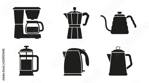 Collection of coffee makers and kettles icons in black and white