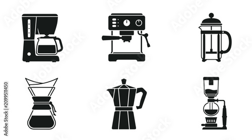 Collection of coffee makers and brewing devices icons