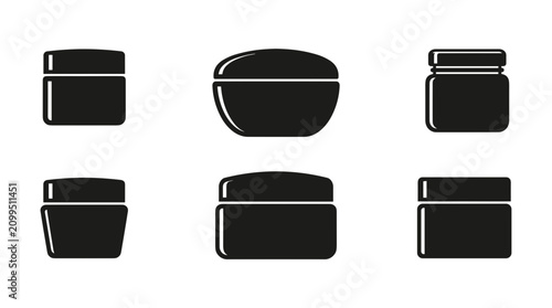 Set of black cosmetic cream jar icons on white background