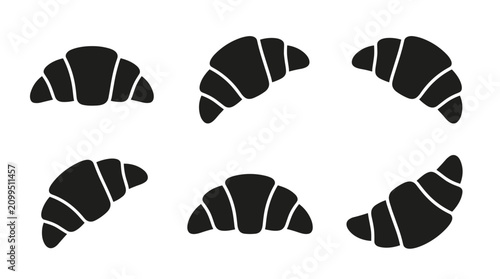 Collection of black croissant icons on a white background