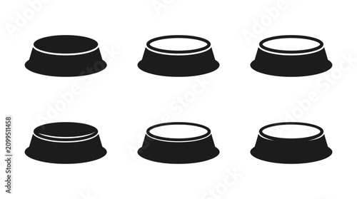 Set of six black pet food bowls isolated on white background