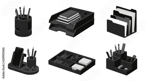 Office Desk Organization Supplies Collection Black Isometric Illustration