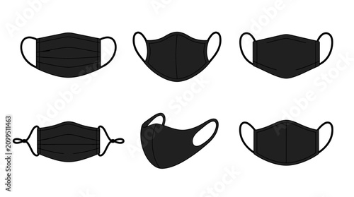 Collection of six different black face masks on a white background