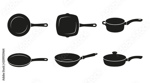 Collection of Black Silhouettes of Various Cooking Pots and Pans on White Background