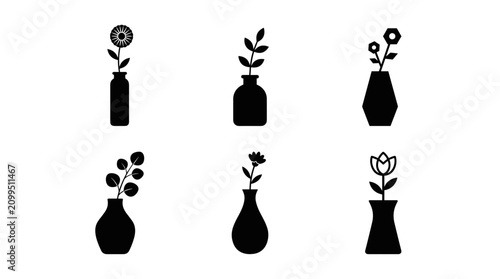 Collection of six black silhouette icons of flowers in vases