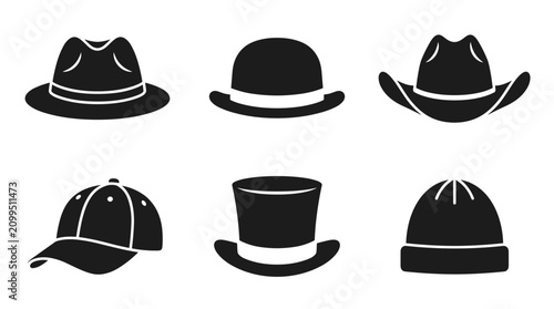 Collection of six different black hat icons on a white background