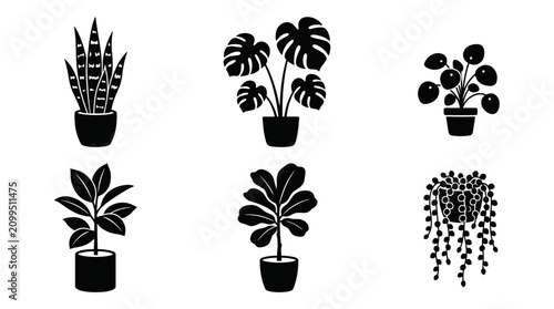 Collection of six potted houseplant icons in black and white silhouette style
