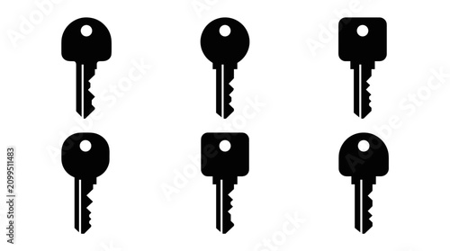 Collection of Six Black Silhouette Keys on White Background