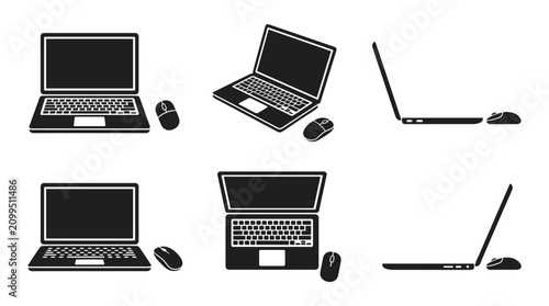 Set of laptop and computer mouse icons in black and white