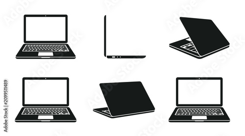 Set of laptop computer icons in various angles and views
