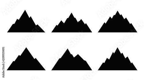 Set of six black mountain silhouettes on a white background