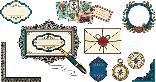 The 554.eps illustration showcases various decorative elements including a frame, compasses, and labels on a white background.