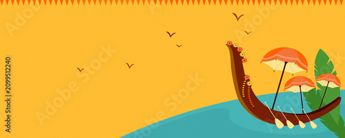 Snake boat race banner with colorful umbrella flying bird and banana leaf on orange background for onam