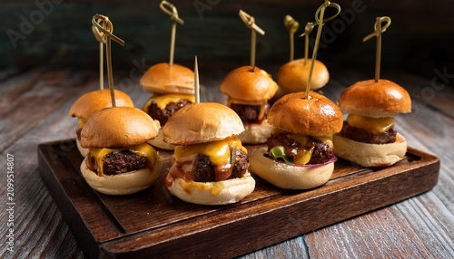 photo of a tempting platter of sliders featuring mini beef burgers topped with cheddar cheese caramelized onions