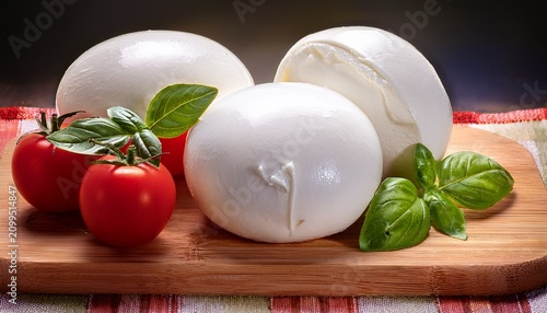 large balls of italian mozzarella di bufala campana on a chopping board with tomatoes and basil