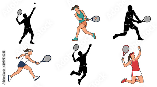 Bild auf Leinwand Set of vector collection featuring different tennis player action poses, serving