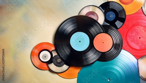 retro vinyl records and colorful abstract background collage