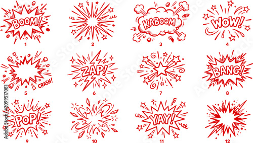 Bilde på lerret Comic book explosion bubbles, 12 red hand drawn speech bubbles with boom and zap