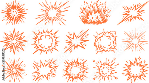 Konstfotografi Comic explosion effects set, 15 hand drawn orange starburst and blast icons, vin