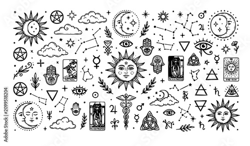 Bild auf Leinwand Boho Mystic Doodle Set Sun Moon Stars Clouds Esoteric Hand Drawn Vector Elements