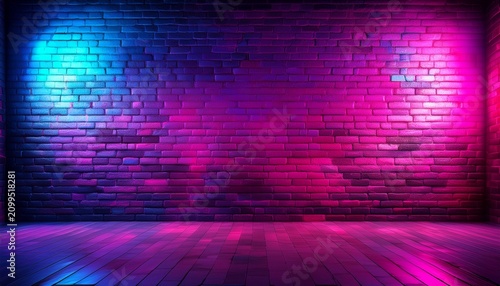 grunge interior background with pink and purple neon lights brick wall background neon light blue and purple rays futuristic abstract background