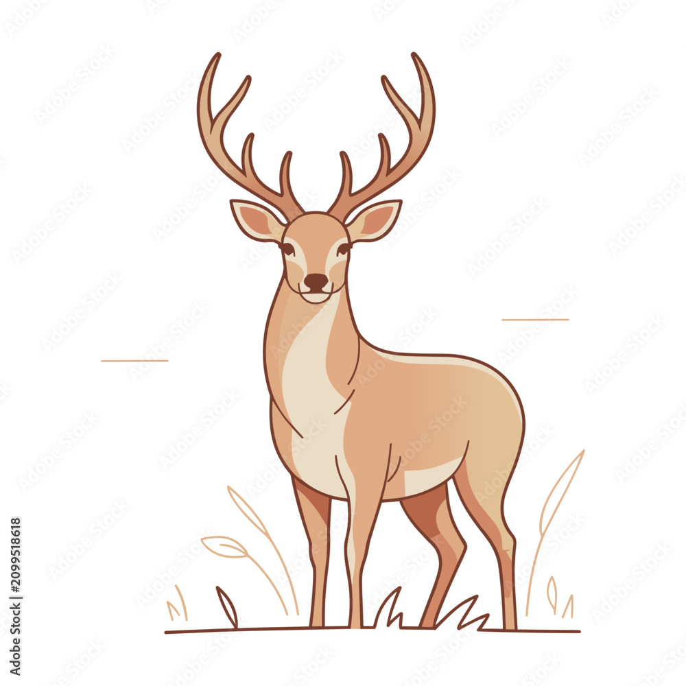 Fototapeta premium Elegant minimalist illustration of a majestic stag standing still in a grassy meadow for wildlife and nature themed graphic design projects with vector illustration graceful
