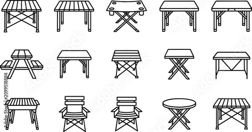 Portable camping table and folding picnic chair line icon set featuring outdoor furniture gear isolated vector elements