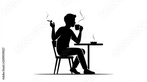Silhouette of a man sitting at a table drinking coffee and smoking a cigarette
