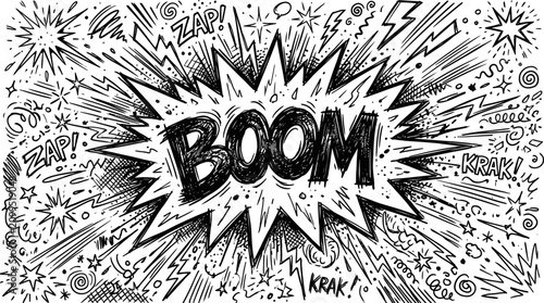 Tableau sur toile Comic book boom explosion vector, hand drawn pop art sound effect with zap and k