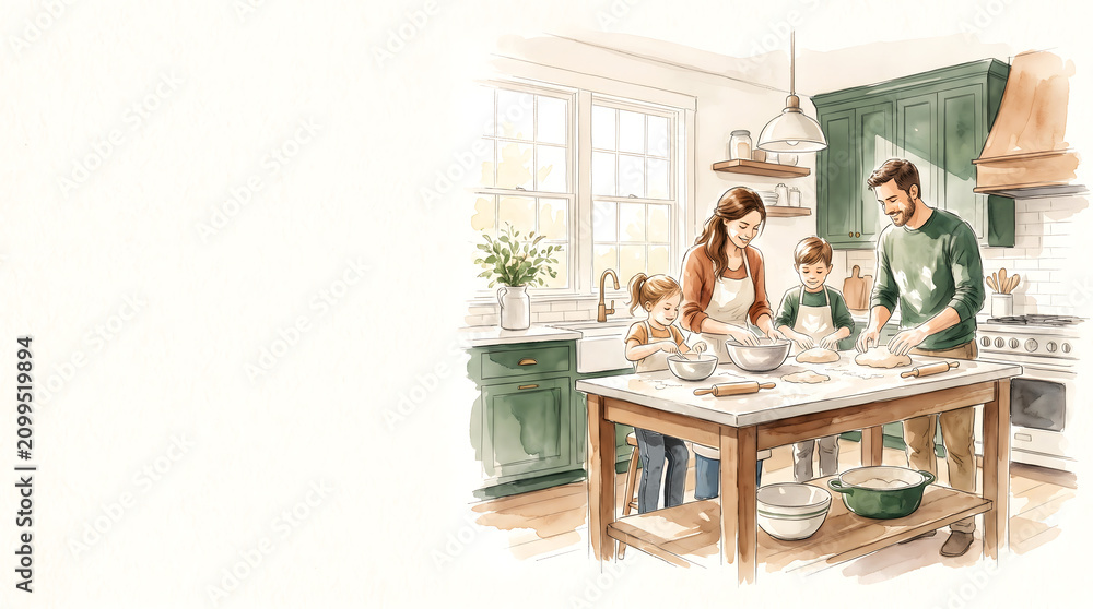 Fototapeta premium Family cooking together in modern kitchen, preparing dough with bowls and utensils on table